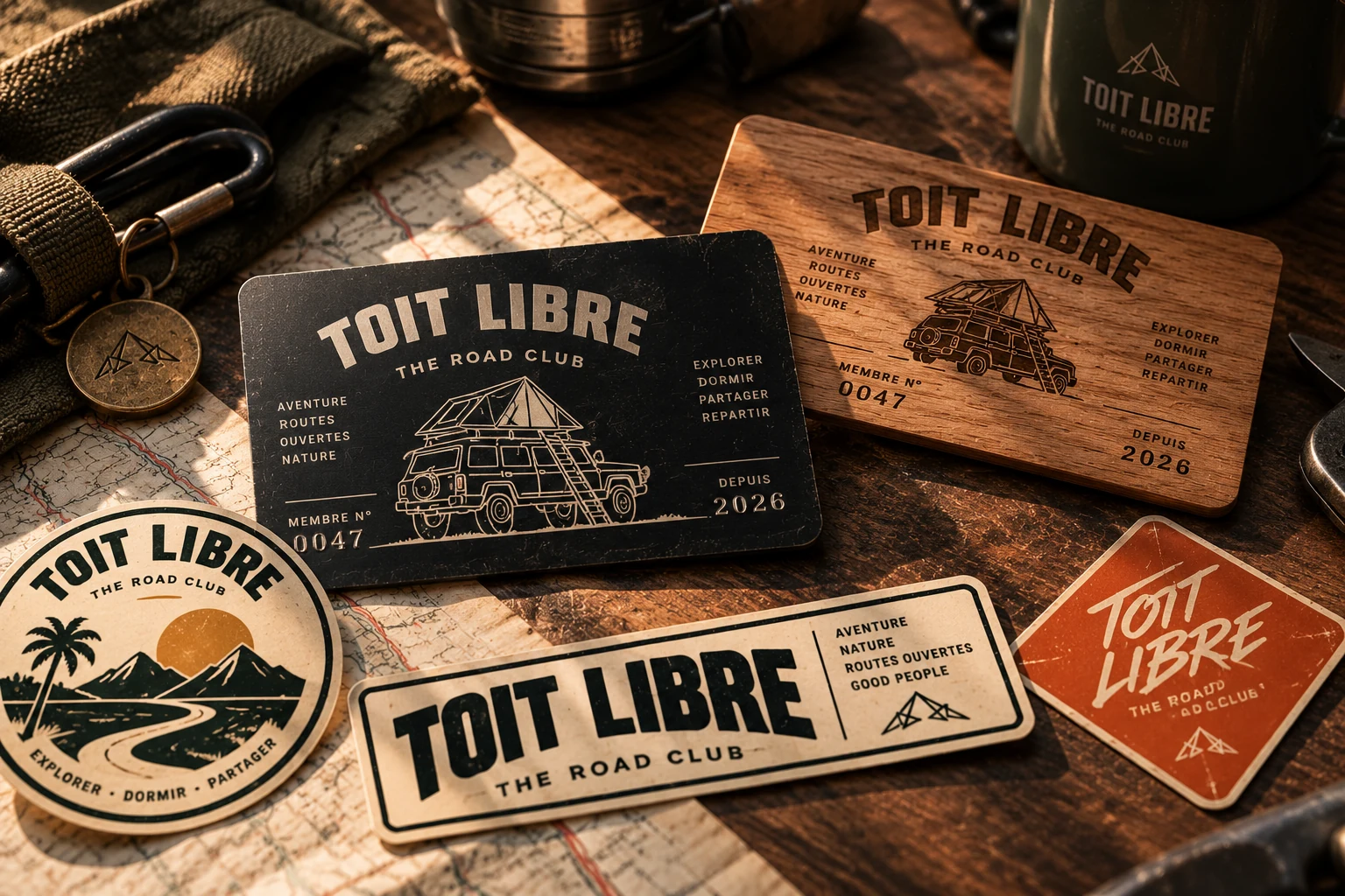 Deux cartes de membre Toit Libre, en métal noir et bois gravés, avec trois autocollants du Club — rond aventure, signature rectangulaire et orange Road Club — sur une table rustique en lumière dorée.