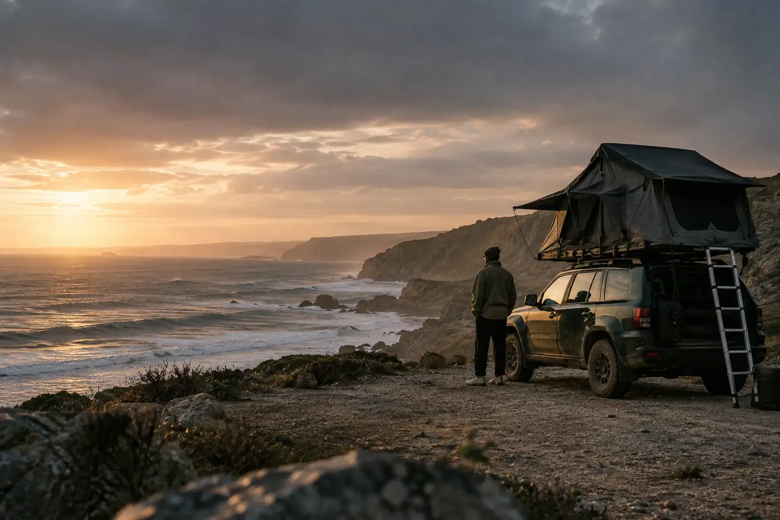 Côte atlantique au coucher du soleil, SUV avec tente de toit ouverte et voyageur de dos